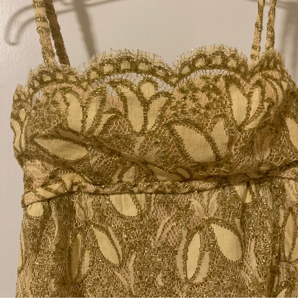 Vintage 50s Midcentury Modern Union Made Gold Lace Cocktail Party Dress - Picture 3 of 9